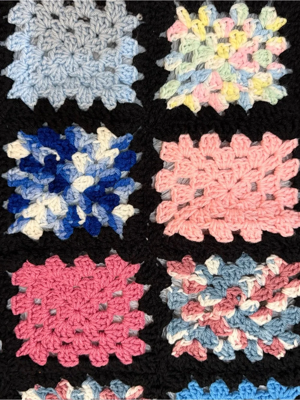 Handmade Crochet Granny Square Throw Blanket Black Multi-Color Afghan 51” X 73”